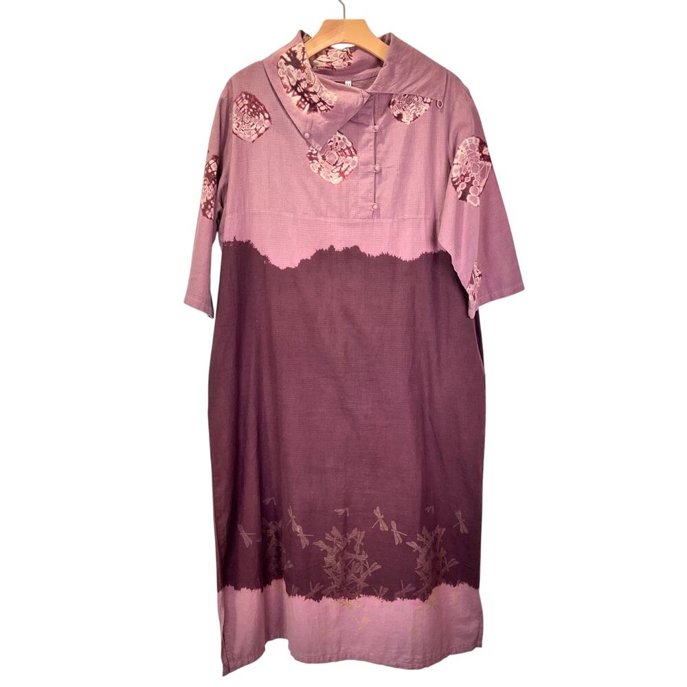 Thai Batik Block Print Hand Dyed Dress Purple Sz M Relaxed Wearable Art Artsy